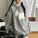 レディース トップス 冬 秋 ゆったり プルオーバー 長袖 かわいい 犬柄 セーター フード付き パーカー