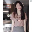 Vネック 高級 フランスの な ゆったり 夏の 2025 Tシャツ レディース 半袖 ショルダー ストレート ピンクの レディース トップス