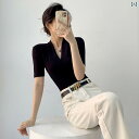 スリムフィッ Vネック ブラック 高級 備えた Tシャツを ショルダーの ストレート ある 半袖との 2025夏用の レディース トップス