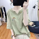 トップス な 薄型 カバー お腹を 2025夏 レディース Tシャツ 半袖 Vネック 綿 グリーンの レディース トップス
