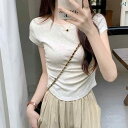 短 象徴の 不規則な 薄くて ひだは タイトフィット 綿 夏 レディース Tシャツ 半袖 ショルダー ポジティブ レディース トップス