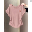 プリー プリント ハート 韓国 夏 レディース Tシャツ 半袖 ショルダー ストレート ラウンドネック ピンクの レディース トップス