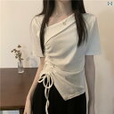 ショル Vネック ガール ホット アメリカン 2025夏の新 Tシャツ 半袖 ドローストリング イレギュラー 女性用 レディース トップス