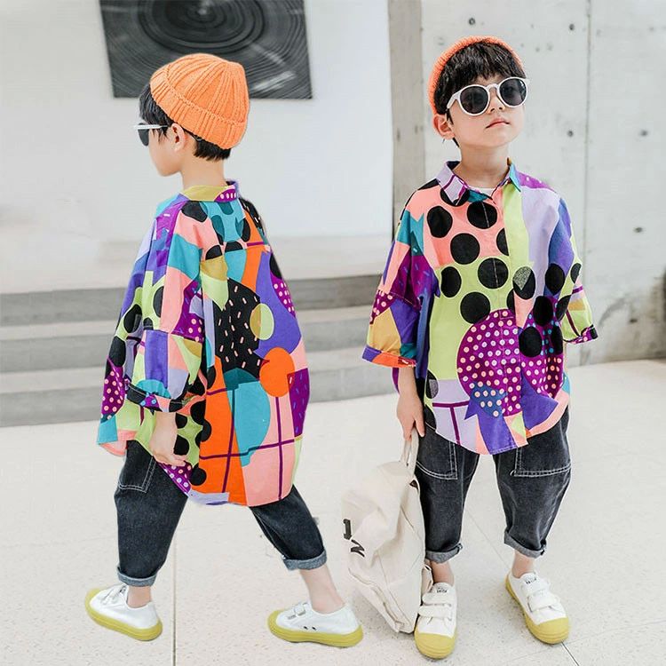 ダン 男の子 女の子 girls boys 韓国 ジャズ ガールズ 不規則柄シャツ トップス 派手 ヒップホップ ダンス衣装 キッズ 柄シャツ