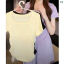 ハ 無地 スリム 夏 レディース Tシャツ ショルダー スクエアネック 美しい ウエスト プリーツ 大きいサイズ レディース トップス