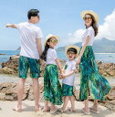 親子コーデ 家族お揃い衣装 カップル夏服 ホワイ風 アロハ Tシャツ+半ズボン/スカート ママ パパ パイナップル柄 セットアップ