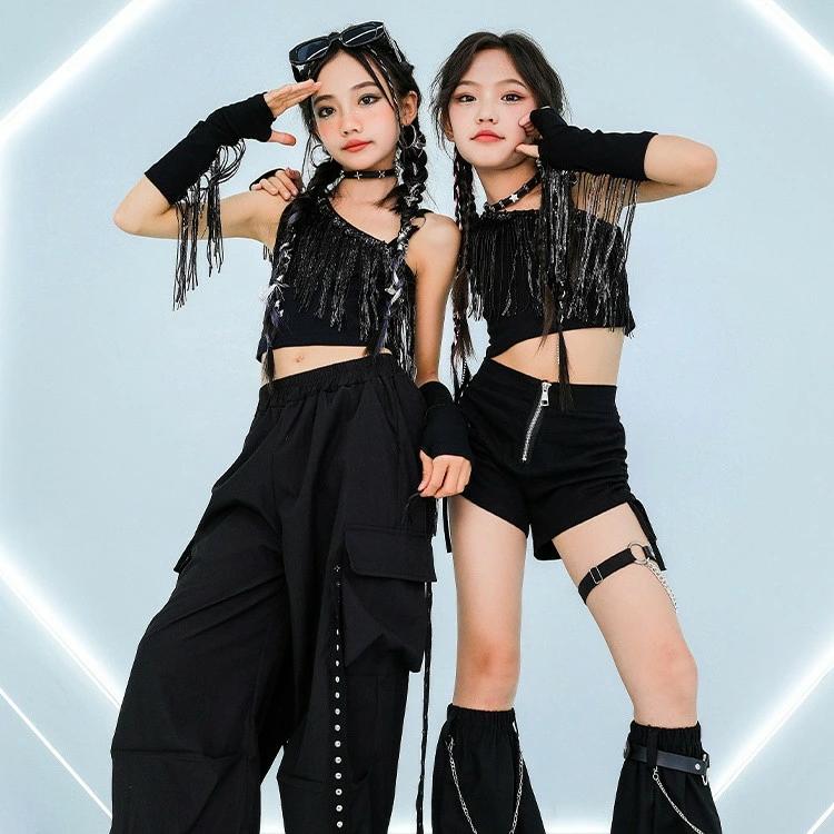 ノースリーブ キッズ ジャズダンス衣装 子供服 上下セット 腕 ショート丈 タンクトップ セットアップ ..