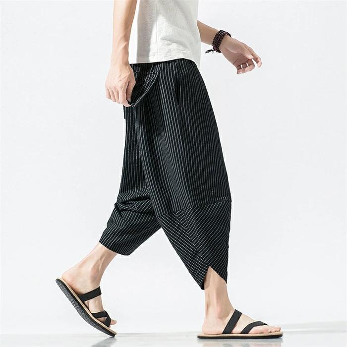 ゆったり メンズ 夏 父の日 春 ストライプ柄 パンツ ワイドパンツ 涼しい ギフト 七分丈パンツ カジュアルパンツ 大きいサイズ