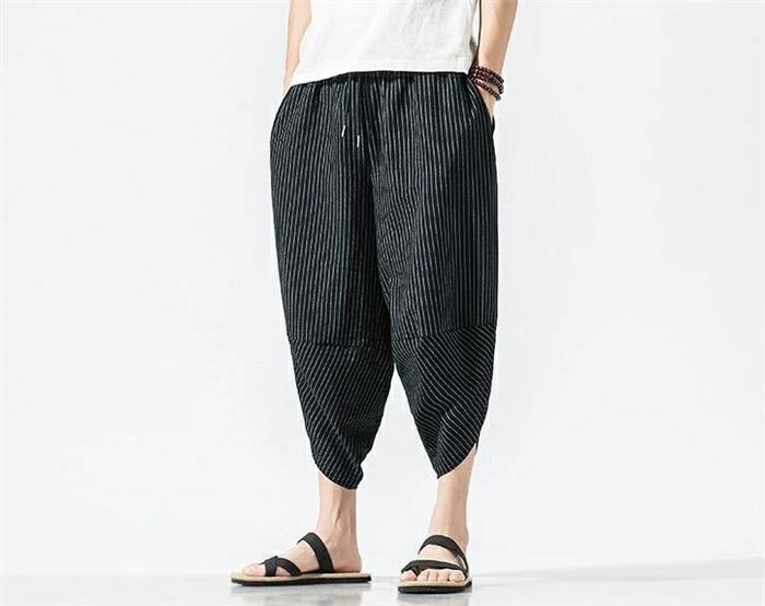 ゆったり メンズ 夏 父の日 春 ストライプ柄 パンツ ワイドパンツ 涼しい ギフト 七分丈パンツ カジュアルパンツ 大きいサイズ