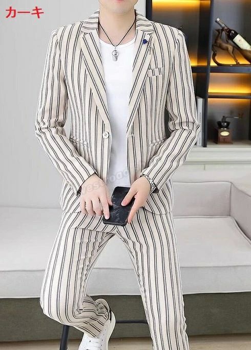 写真撮 紳士服 結婚式 スリムスーツ ビジネス オフィス 通勤 フォーマル ストライプ柄 カジュアル 長袖 上下2点セット スーツ