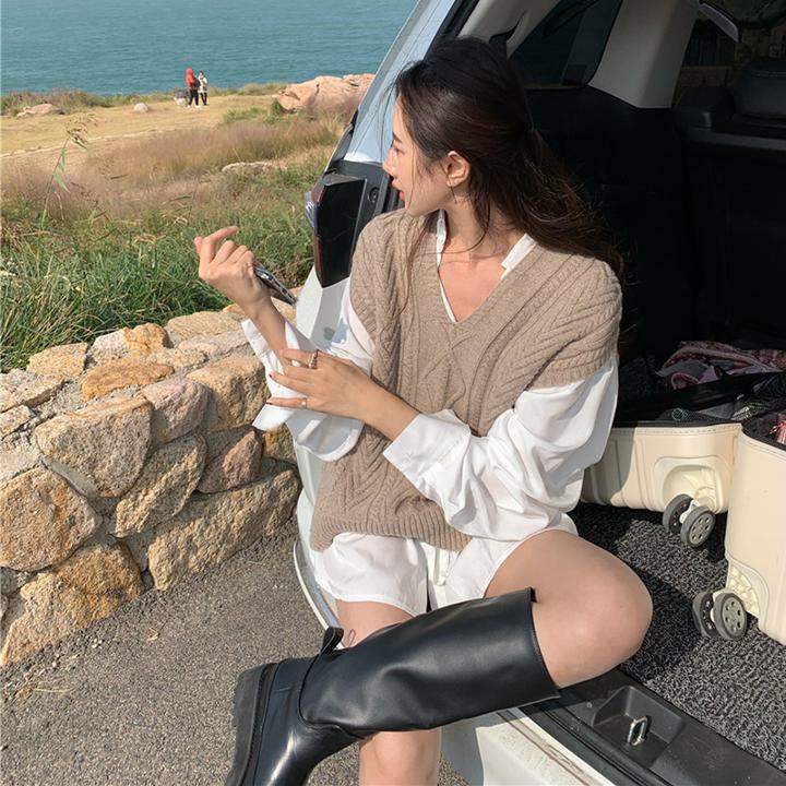 秋冬 韓国 ワンピース 長袖シャツ セーターベスト