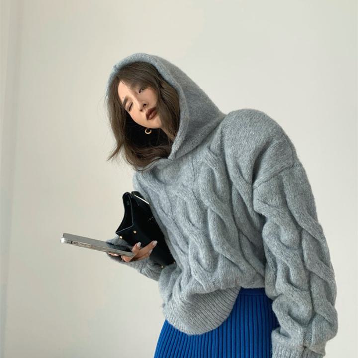 2カラー レトロ 秋冬 ルーズ フーディー セーター ニット ツイスト ツイストニットセーター