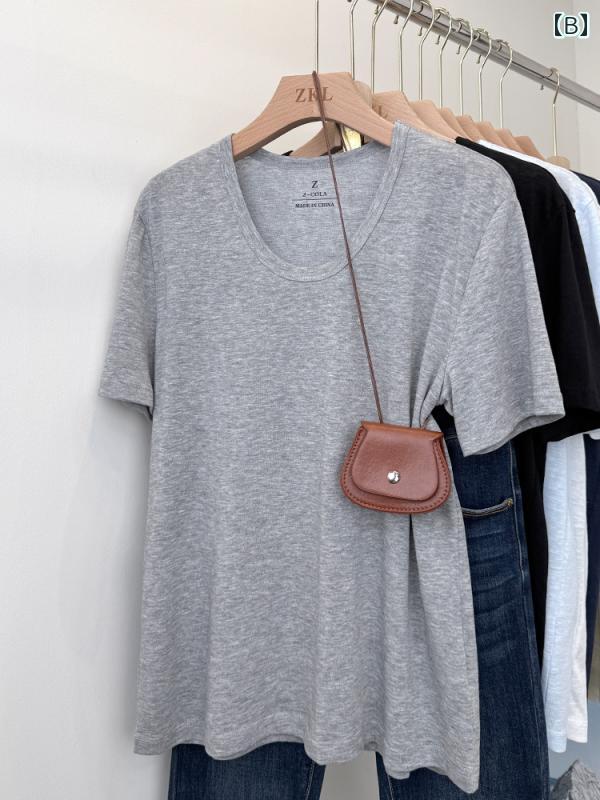 トップス 丈 ミドル ベーシック 無地 長袖 通気性 夏 2025 レディース Tシャツ 半袖 ネック U リネン レディース トップス