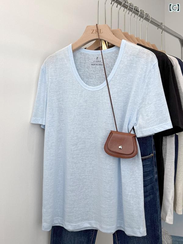 トップス 丈 ミドル ベーシック 無地 長袖 通気性 夏 2025 レディース Tシャツ 半袖 ネック U リネン レディース トップス