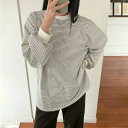 シ かわいい ロングtシャツ クルーネック カットソー Tシャツ ボーダー柄 綿 春秋 薄手ロンT トップス レディース tシャツ 長袖