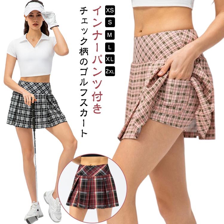 ミニスカート 軽量 速乾 吸水 裏地付き インナーパンツ付き プリーツ スカート ゴルフ ゴルフウェア レディース 総柄 チェック柄