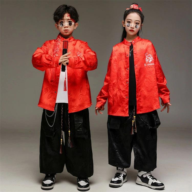 女の子 ダンスウエア セットアップ シャツ 長袖 上下セット 子供 子供服 男の子 ヒップホップ 中華風 キッズ 竜柄 総 チャイナ風