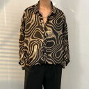シ 韓国ファッション 長袖シャツ 衣装 マーブル柄 総柄 曲線 個性的 ダンス ヒップホップ アート 大きいサイズ 黒 秋服 ブラック