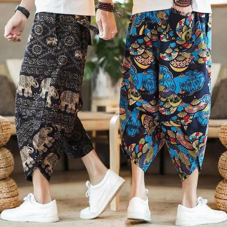 M- 総柄プリント カジュアル ワイドパンツ クロップドパンツ アラジンパンツ メンズ DRYストレッチ ズボン M-5XL サルエルパンツ