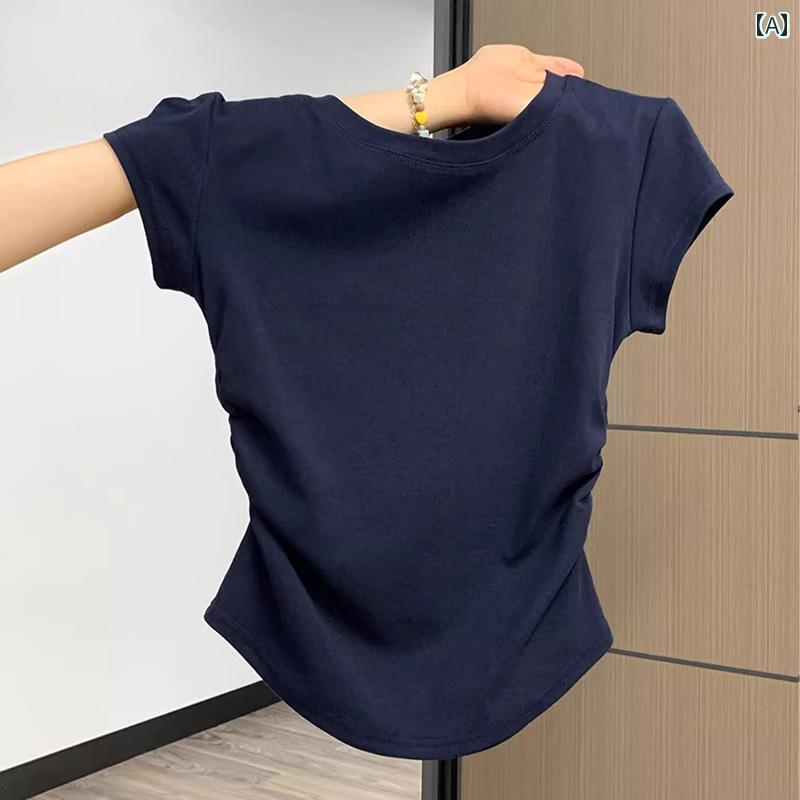 センス スリム ウエスト プリーツ 2025 夏 Tシャツ レディース 半袖 ショルダー ストレート ラウンドネック レディース トップス