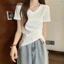 ス プリーツ ショルダー ストレート 2025夏 レディース Tシャツ 半袖 白い Vネックの 不規則な Chapelle La レディース トップス