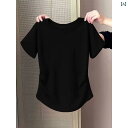 トップス ラウンドネック シック ウエスト スリム 夏 レディース Tシャツ 半袖 プリーツ 無地 レディース トップス