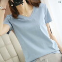 ゆっ 優しい 肌に シンプルで Tシャツ Vネック 2025夏 レディース 半袖 コットン シルケット カウント ハイ レディース トップス