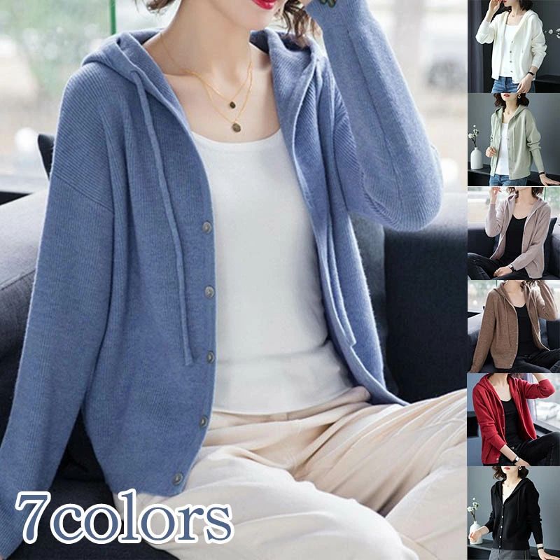 スポーツ カジュアル 可愛い シンプル 長袖 着痩せ 暖かい 柔らか Vネック フード付き ニット セーター レディース カーディガン