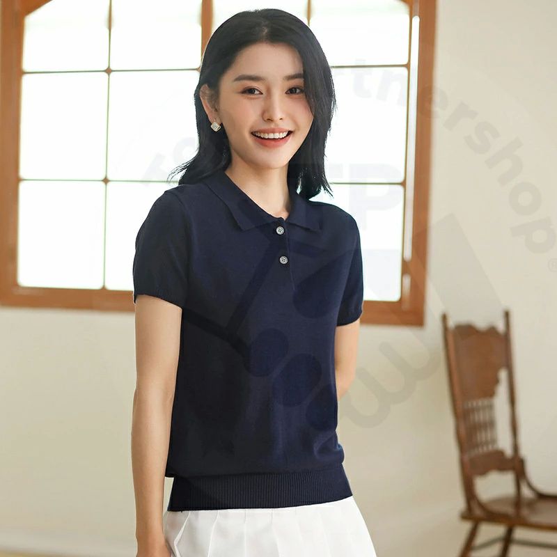 かわいい トップス ボタン ニットセーター ニット 角襟 半袖 セーター ポロカラー ミディアム 襟付き レディース