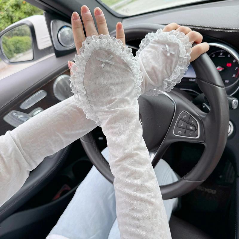 かわいい 腕カバー UVカット率99％ レディース 接触冷感 日焼け対策 フリル UVカット レース アームウォーマー アー 指穴 メロー