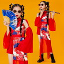 学 舞台衣装 演出衣装 キッズ クール系 おしゃれ ストリートダンス 鶴プリント 女の子 ヒップポップ 上下セット jazz ダンス衣装