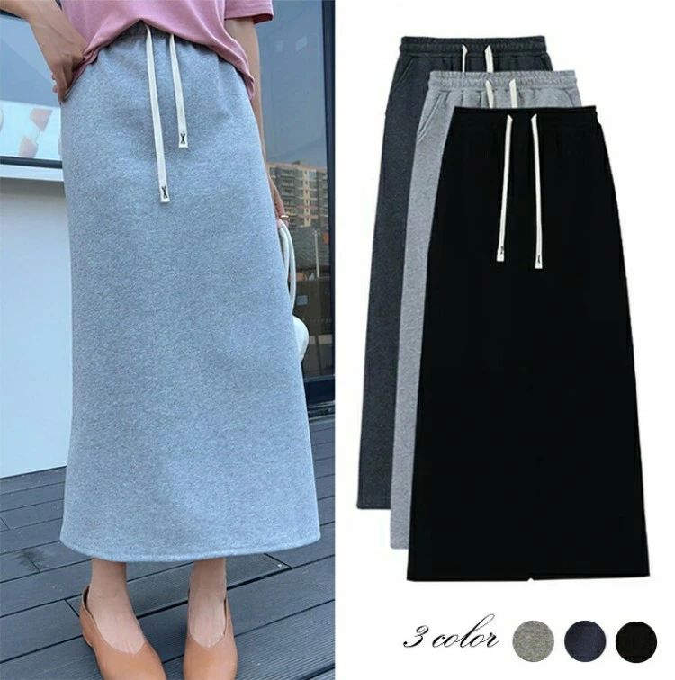 レディース コットンスウェットマキシスカート ロング 春 ボトムス スカート リラックス 体型カバー 無地 ゆったり