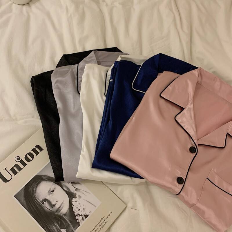 カジュア シンプル ツーピース 上下セット ウエストゴム 高級感 光沢 サテン Vネック 長袖 ナイトウェア 寝巻き 部屋着 パジャマ