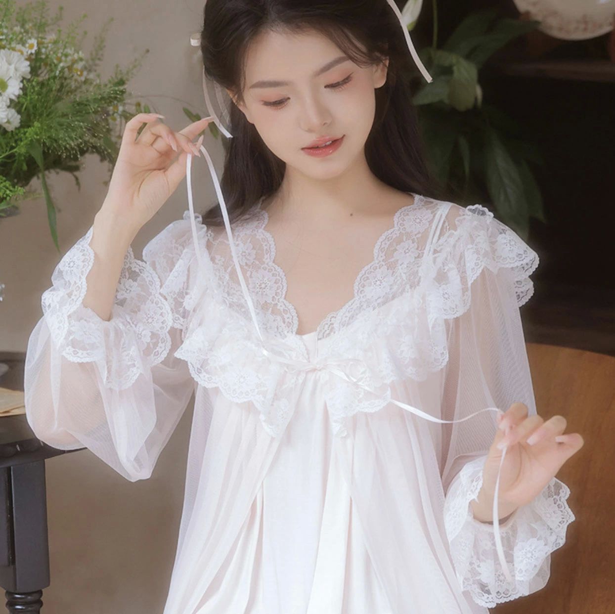 大 ゆったり Vネック ネグリジェドレス お姫様 チュール レース ワンピース キャミソール 長袖ガウン付き レディース 2点セット