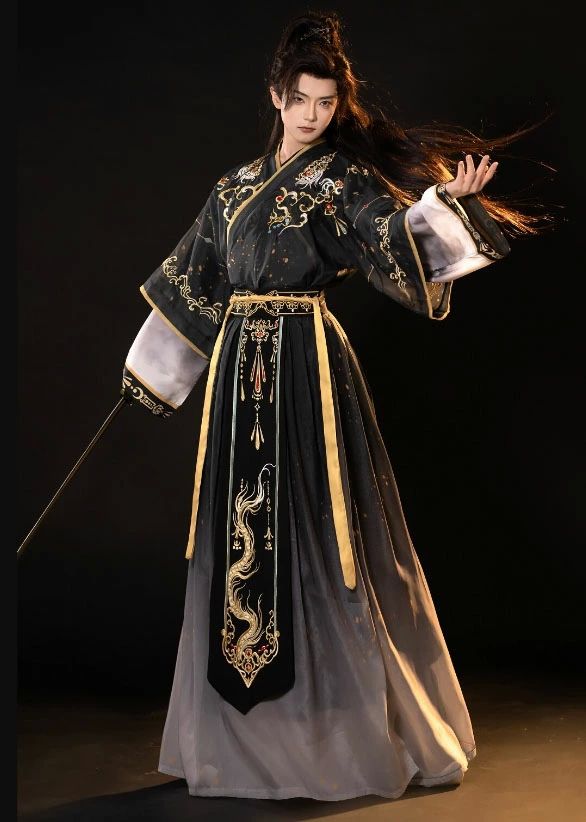 時代劇 華流 中華 中国古代服装 白＋黒 チャイナ服 漢服 「晋」風 三国 大人 男女兼用 メンズ 黄色縁取り 漢服3点セット 交差襟