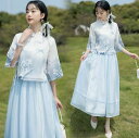 シ スカート フレア ロング丈 チャイナ服 ショート丈 七分袖 チャイナブラウス 花柄 レディース 上下2点セットアップ チャイナ服