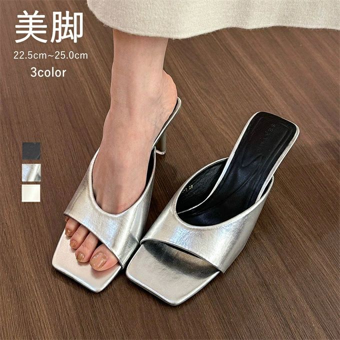 大人かわい 大きいサイズ ピンヒール ハイヒール 美脚 靴 スクエアトゥ サンダル 脱げない 痛くない ヒール レディース ミュール