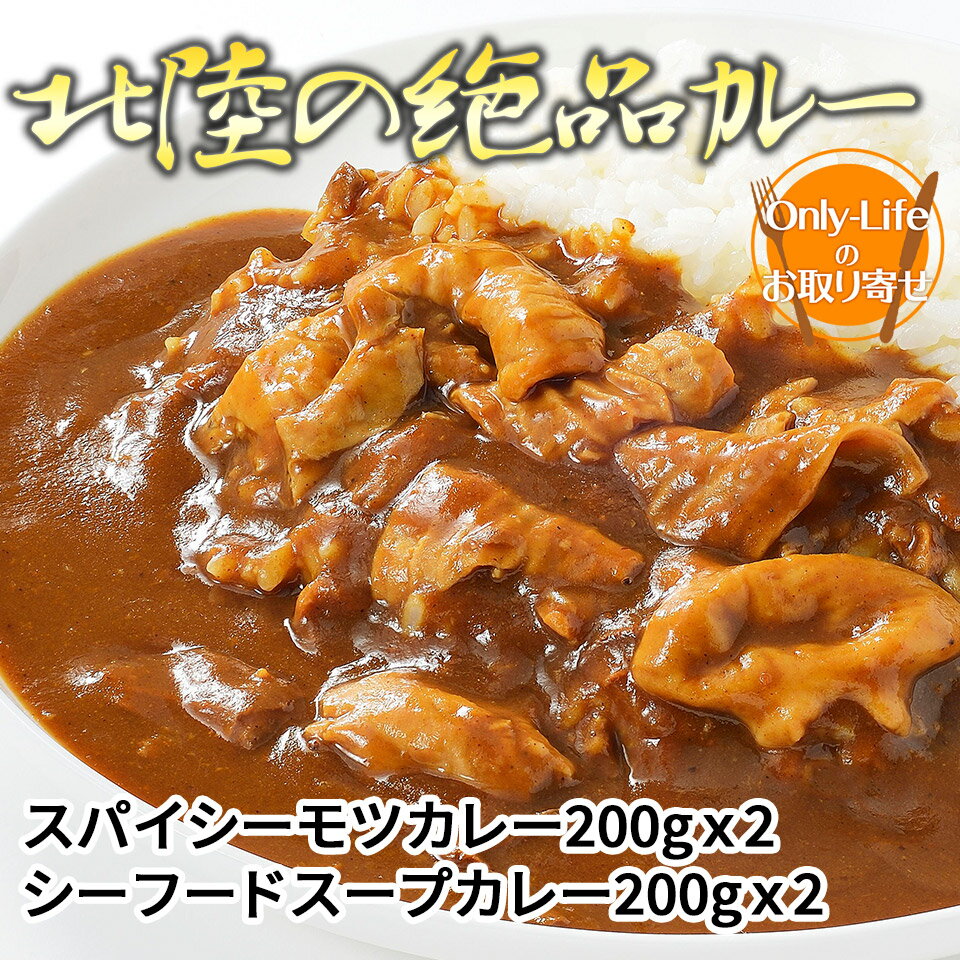 北陸の絶品カレー（計 4 食)スパイシーモツカレー シーフードスープカレー 豚もつ 海老 詰め合わせ 便利 ギフト 内祝い 贈り物 プレゼント お歳暮 敬老の日 挨拶