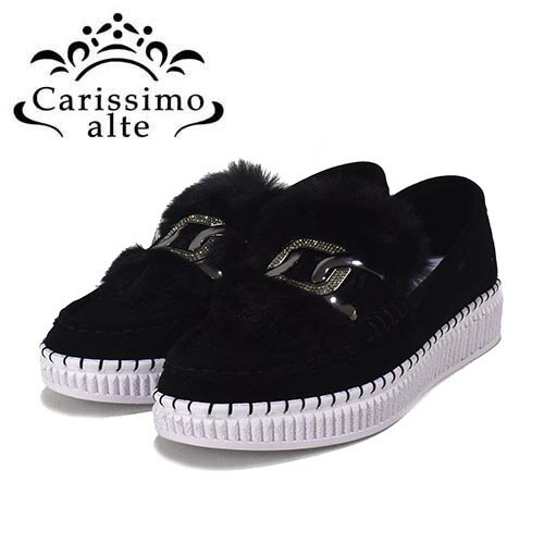 Rakuten - カリシモアルテ　Carissimoalte　革（ヌバック）ファー飾り　スリッポン　スニーカー