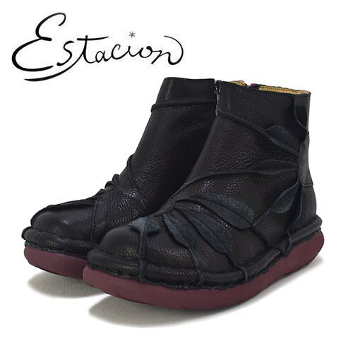 エスタシオン　Estacion　革　大きな花びらモチーフ　ショートブーツ