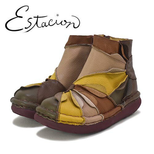 エスタシオン　Estacion　革　大きな花びらモチーフ　ショートブーツ