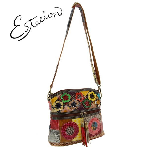 エスタシオン　Estacion 革 エナメル花モチーフショルダーバッグ【色の配色は1つずつ全て異なります】