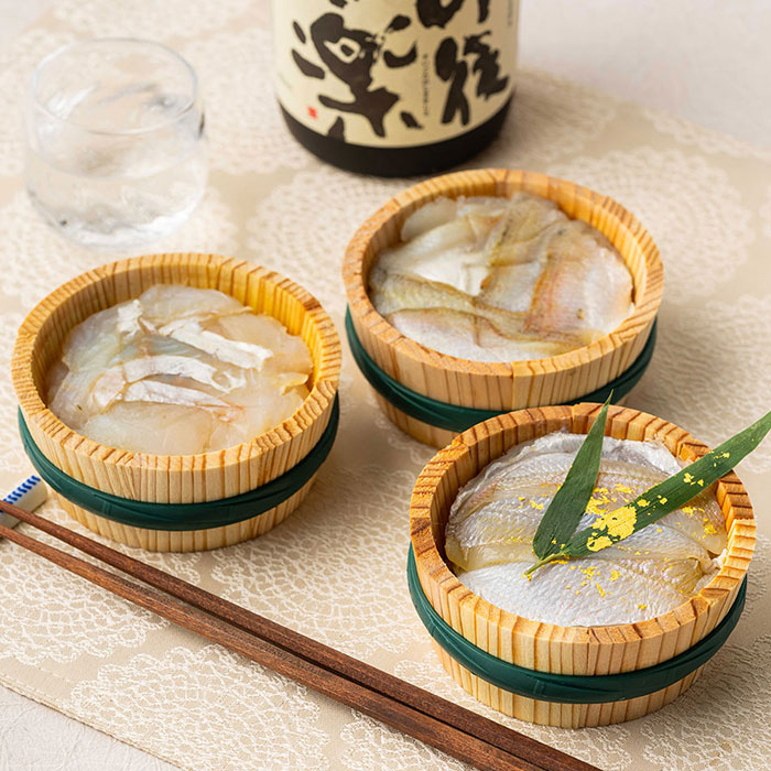 金箔入り小鯛笹漬け・のど黒・ひでたら昆布締め半樽3種詰合せ 福井 ご当地