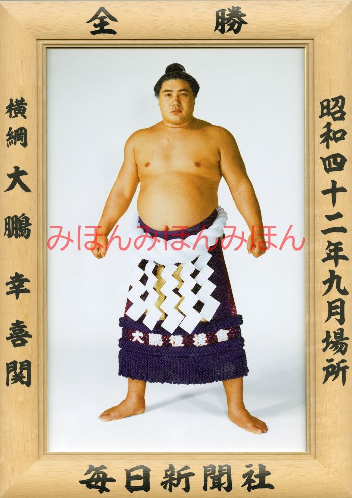 大鵬幸喜関 優勝ミニ額 大相撲ミニ額 大相撲優勝額 昭和42年9月場所 全勝 横綱 大鵬幸喜関（26回目の優勝）優勝記念品 相撲グッズ 力士グッズ 相撲取りグッズ 国技館 限定品 記念品 コレクション 写真 お相撲さん 送料無料