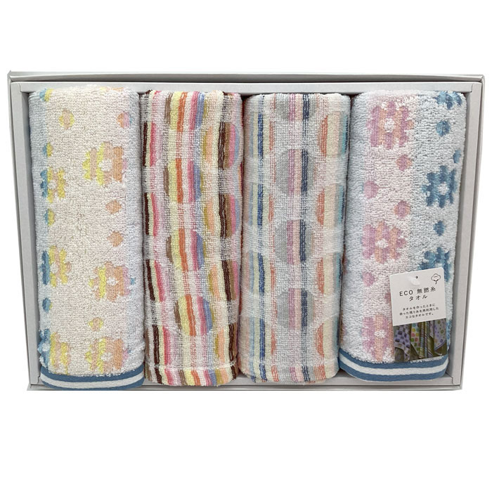 《1箱の内容》 内容／フェイスタオル340×750mm×4 箱サイズ／370×250×50mm ※余った糸を再利用して作っている為、同じ柄ではありません。 タオルを作ったときに余った残り糸を再利用したエコなタオルです。ギフト対応