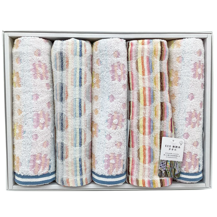 《1箱の内容》 内容／フェイスタオル340×750mm×4 箱サイズ／380×290×80mm ※余った糸を再利用して作っている為、同じ柄ではありません。 タオルを作ったときに余った残り糸を再利用したエコなタオルです。ギフト対応