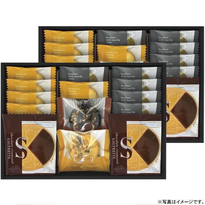 《1箱の内容》 内容／ごろっとナッツフィナンシェ（バニラ・ショコラ）各2・ゴーフレット（チョコ）×4・ほろほろクッキー（チーズ・抹茶）各10 箱サイズ／212×292×90mm 重量／760g アレルゲン／卵・乳成分・小麦・くるみ 製造地：日本 贅沢なナッツのフィナンシェと、クッキーのおいしいセット。ギフト対応