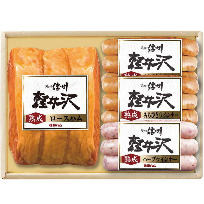 内容／熟成ロースハム300g、熟成ハーブウインナー58g、熟成あらびきウインナー58g×2 箱サイズ／155×210×70mm 重量／581g 賞味期限／冷蔵45日間 【配送方法】クール便（冷蔵） ハムの本場ドイツの伝統を受け継ぎながら、上質な味わいにしあげました。