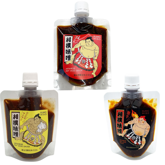 ツル味噌相撲味噌　3種類を食べ比べスパウトタイプ（ニンニクマシマシ相撲味噌・激辛相撲味噌・相撲味噌）【のし・包装不可】【メール便発送　送料込み価格】