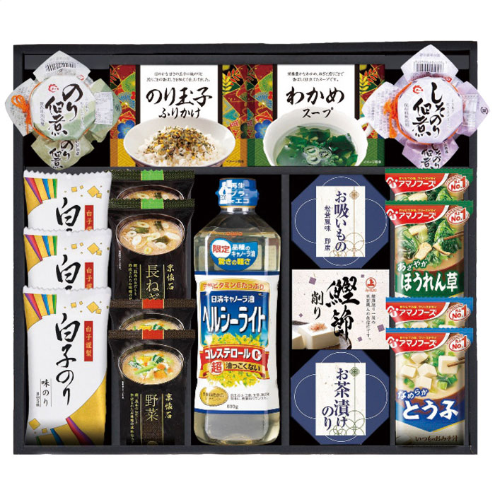 《1箱の内容》 内容／白子味のり(8切5枚)3袋・島の香のり佃煮80g・島の香しそのり佃煮80g各1瓶・マルコメ京懐石おみそ汁(長ねぎ15.7g・野菜17.4g)・アマノおみそ汁(ほうれん草7g・とうふ10g)各2袋・のり玉子ふりかけ(4.5g×2袋)・わかめスープ(5.3g×2袋)・永谷園お吸いもの松茸風味(2.3g×2袋)・永谷園お茶漬けのり(4.7g×2袋)・鰹節削り(1.5g×2袋)各1個・日清ヘルシーライト600g×1本 箱サイズ／40×35×7cm 重量／1800g アレルギー／卵・乳成分・小麦・えび・ごま・さば・大豆・鶏肉・豚肉・魚介類 日本製ギフト対応